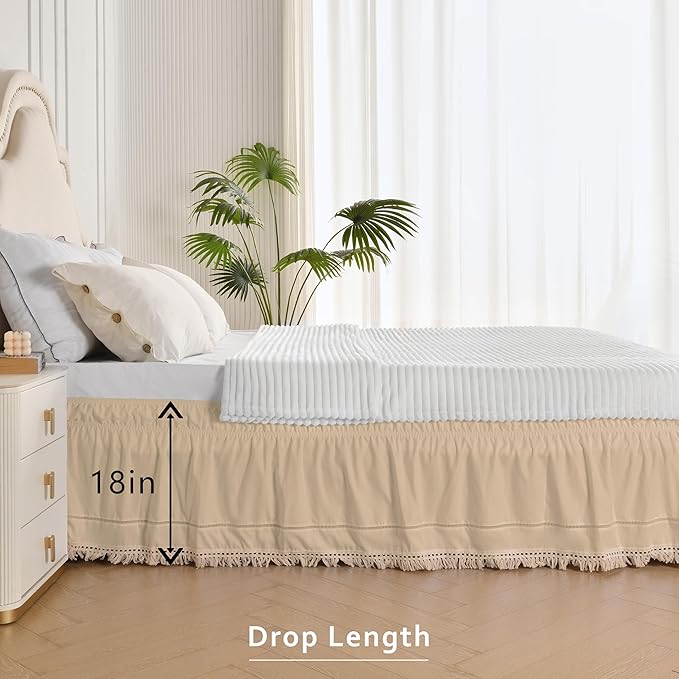 MIYE Wrap Around Ruffled Lace Bed Skirt, Elastic Dust Ruffle with Adjustable Belts, Easy to Put On, Bed Frame Cover, Machine Washable (Tassel Ruffle/Beige, King/Queen-18 Drop)