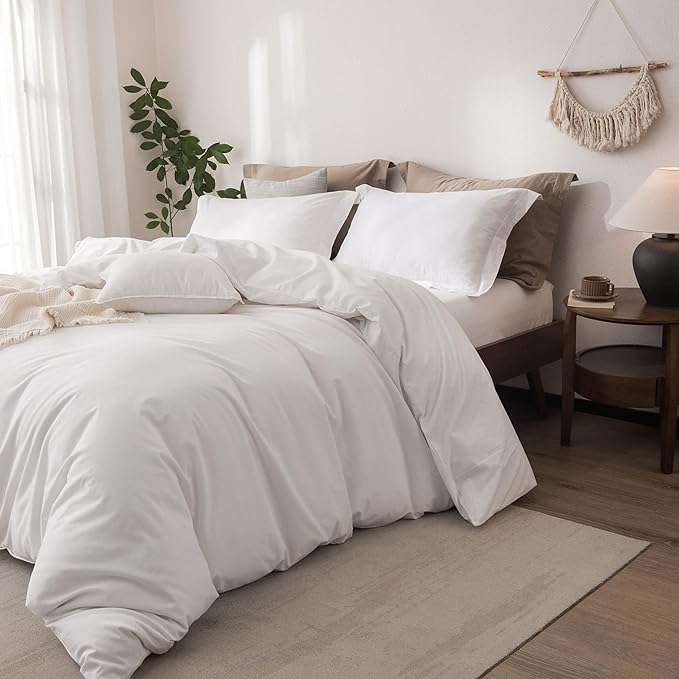 Linen Feel Duvet Cover Queen Size 90inch x 90inch,100% Washed Cotton Duvet Cover with Zipper Closure and 2 Pillowcases, Color of Bright White
