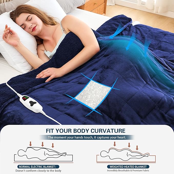 CYMULA Heated Weighted Blanket for Adults, Weighted Heated Blanket 50" x 60", 13lbs Sherpa Fleece Weighted Electric Blanket Soft Heating Blanket with 10 Heating Levels & 1-8 Hours Auto Off, Navy