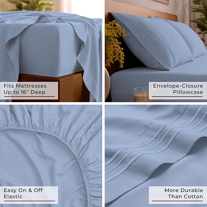 Mellanni Queen Sheets Set - 4 PC Iconic Collection Bedding - Hotel Luxury, Extra Soft, Cooling Bed Sheets - Wrinkle, Fade, Stain Resistant (Queen, Sky Blue)