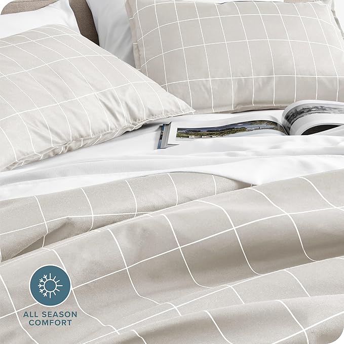 Bare Home Bedding Duvet Cover Extra Long - Premium 1800 Super Soft Collection - Lightweight, Duvet Cover - Soft Textured (Twin/Twin XL, Grid - Stone/White)