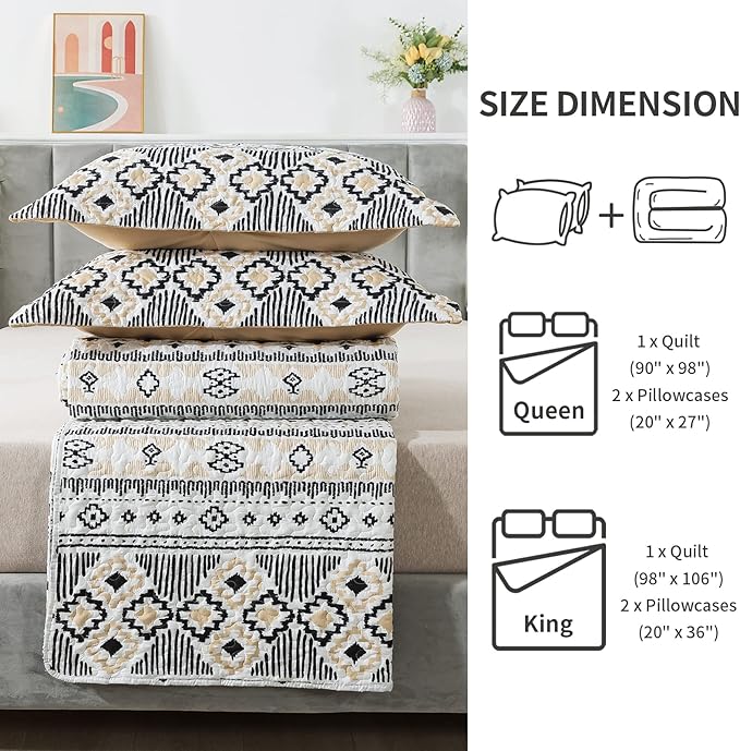 BEDIFANY Boho Quilt King Size Set, Lightweight Bedspread King Size Stripe Boho King Quilt, Quilt Bedding Set for Bed Decoration, All-Season Coverlet Set, 3 Pieces
