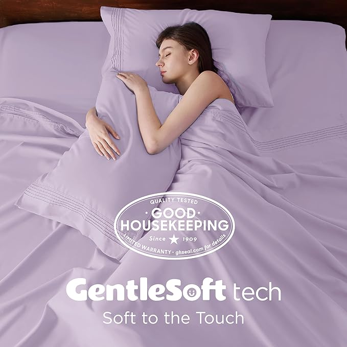 Bedsure Deep Pocket Queen Sheets Set - Fits Mattresses Up to 21 Inches Thick - 4 Piece GentleSoft Bed Sheets, Moisture Wicking, Soft & Cooling Bedsheet & Pillowcases, Easy & Secure Fit, Light Purple