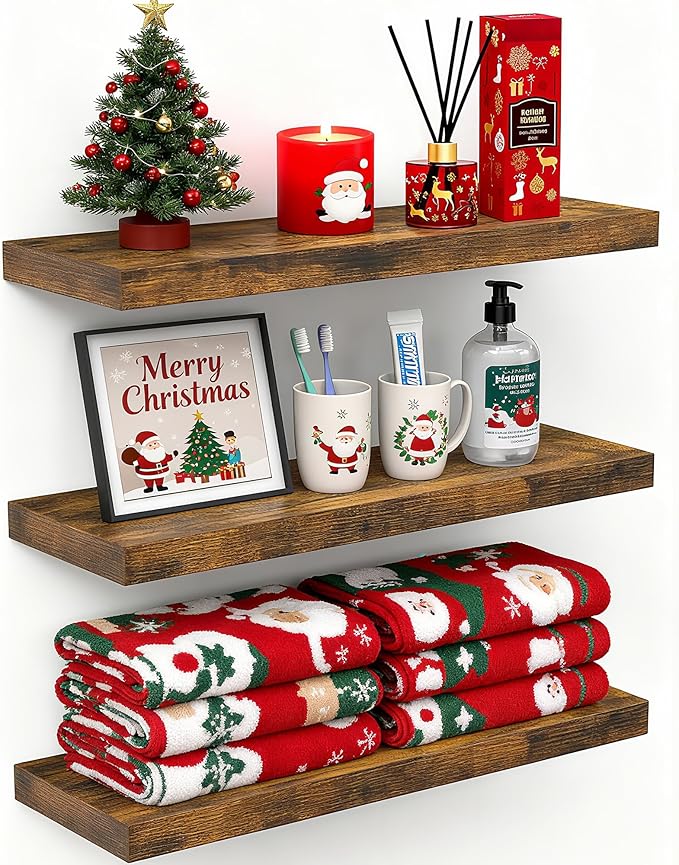BAYKA Floating Shelves Bathroom for Wall – Shelf Over Toilet Farmhouse Rustic Wood for Bedroom, Kitchen, or Living Room Decor Organization, Christmas Decor Shelves – Rustic Brown, Set of 3