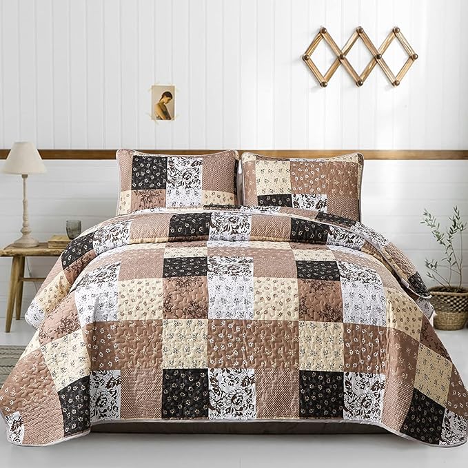 Mybedsoul Brown Quilt Set Twin Size, 2 Pieces Plaid Floral Bedspread Set Patchwork Reversible Bedding Set Microfiber Lightweight Bedspread Coverlet Set for All Season 68"x86"