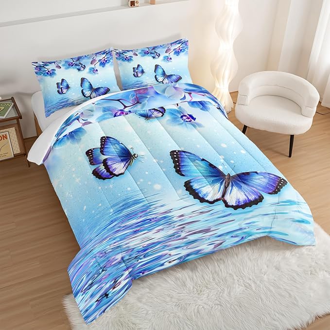 Fantasy Blue Themed Aesthetic Bedding Twin Comforter Set,Butterflies on Water with Falling Flowers Comforter Sets for Kids Girls Boys,Pretty Butterfly Pattern Bedding Sets with 2 Pillowcases.