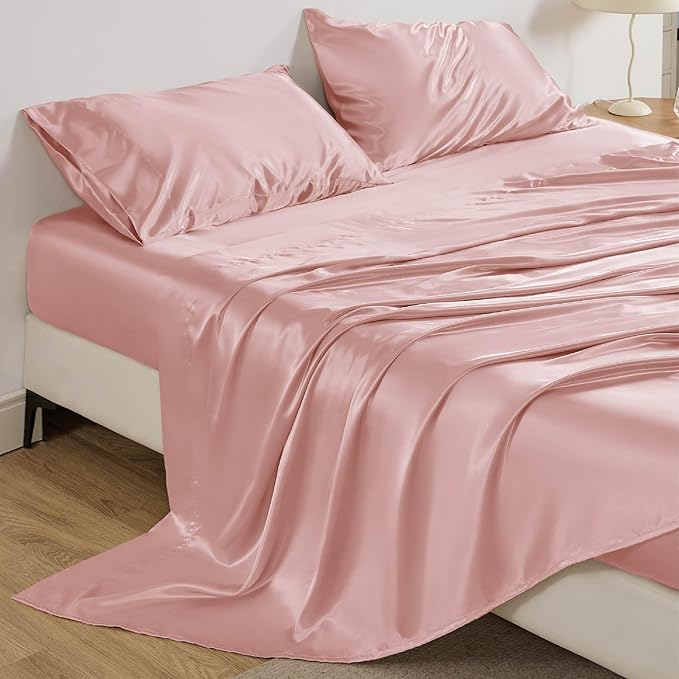 Bedsure Satin Sheets Queen Size - 4 Piece Silky Bedsheets with 15 Inches Deep Pocket Fitted Bedsheet,1 Flat Sheet, 2 Satin Pillowcases, Good for Hair & Skin (Queen, Blush Pink)
