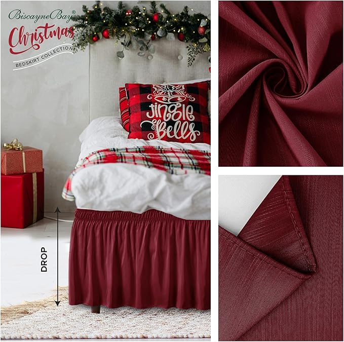Biscaynebay Wrap Around Bed Skirts for Twin & Twin XL Beds 15" Drop, Burgundy Adjustable Elastic Dust Ruffles Easy Fit Wrinkle & Fade Resistant Silky Luxurious Fabric Machine Washable