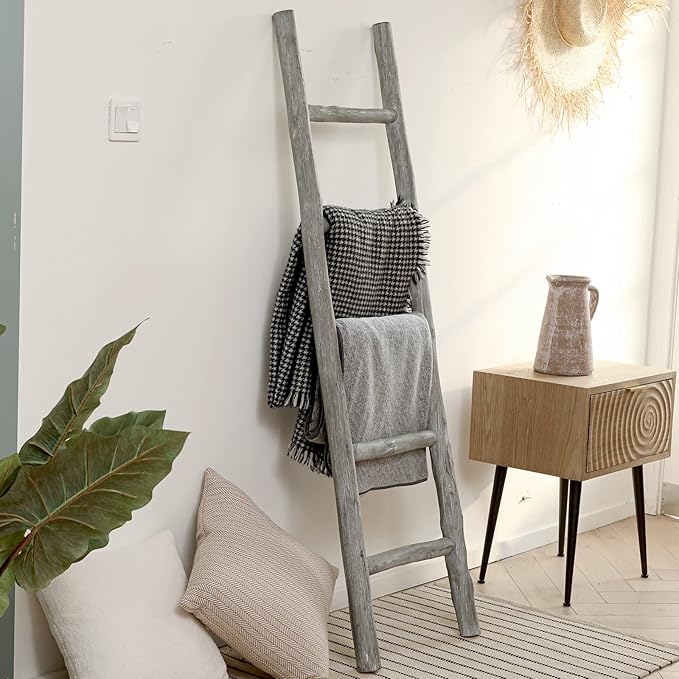 FUIN Fully Assembled 57in Wood Blanket Ladder Living Room Decorative Wall Leaning Farmhouse Quilt Display Holder Rustic Wooden Towel Rack for Bathroom, Light Gray & Whitewashed
