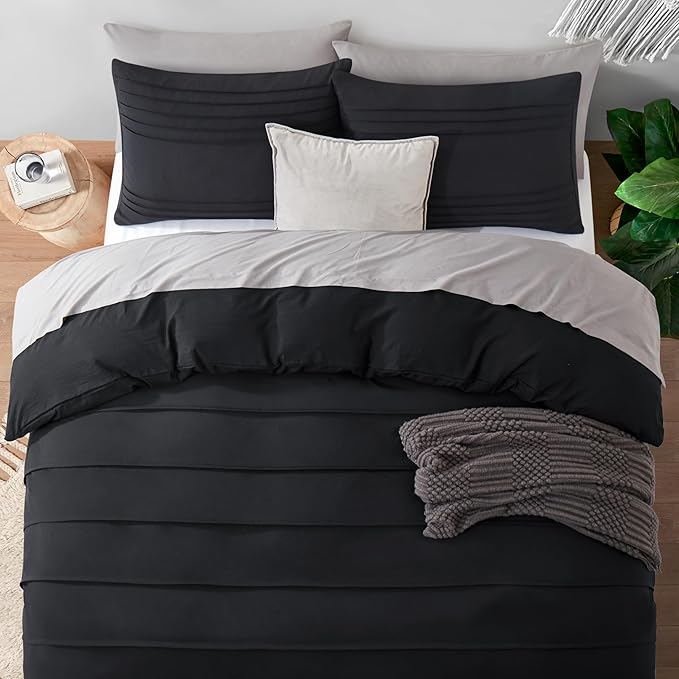 Oli Anderson Black Duvet Cover King Size - Pleated King Duvet Cover, 3PCS Soft and Breathable Textured Bedding Set with Zipper Closure(Black,104"x90")