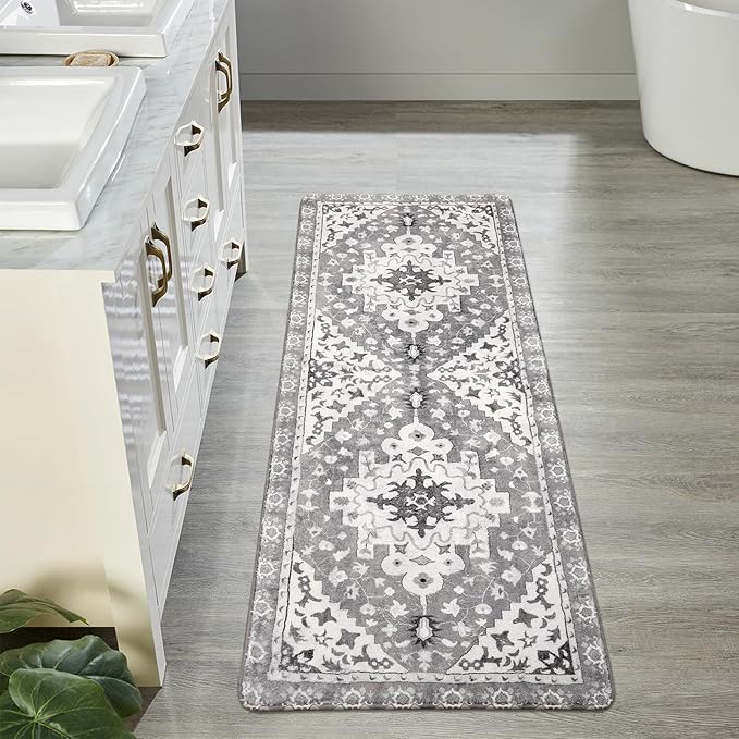 Uphome Boho Vintage Bathroom Runner Rug Gray Non-Slip Soft Bedroom Rug Machine Washable Oriental Hallway Rug Traditional Tribal Floral Floor Mats for Kitchen Kids Room Entryway, 24x59 inch