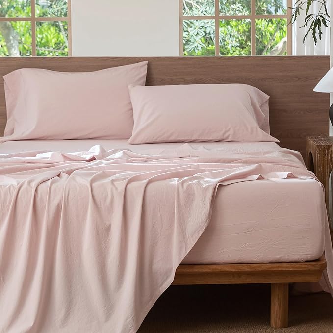 MooMee Bedding Sheet Set 100% Cotton Like Textured Breathable Durable Soft Comfy (Heathered Greyish Pink, Queen)