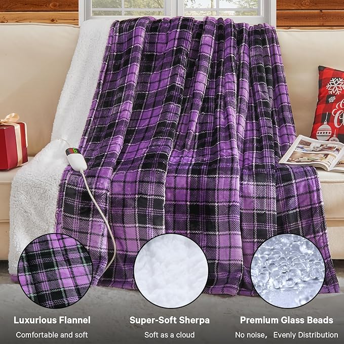 Purple Heated Weighted Blanket for Adults 20Lbs Queen Size 60"x80", 2-in-1 Electric Heating Pad Lap Heavy Blanket for 190-210lbs for Bed, 10 Level 8H Auto Off, Cozy Birthday Gifts for Women Mom Senior