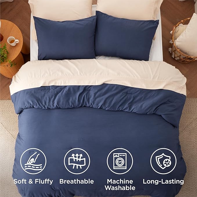Bedsure Queen Size Comforter Set, Navy Soft Prewashed Bedding for All Seasons, 3 Pieces GentleSoft™ Warm Down Alternative Bed Set, 1 Lightweight Comforter (90"x90") and 2 Pillowcases (20"x26")