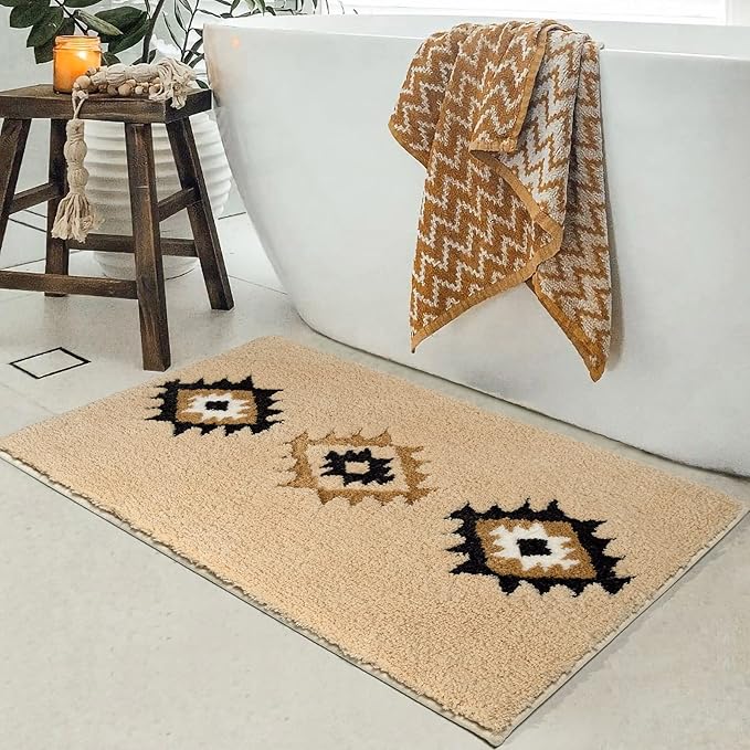 DEXDE Bathroom Rugs Boho Moroccan Bath Rug 20x32 Inches - Geometric Non-Slip Bath Mat, Cream Beige Machine Washable Quick Dry Absorbent Soft for Bathroom, Neutral Decor