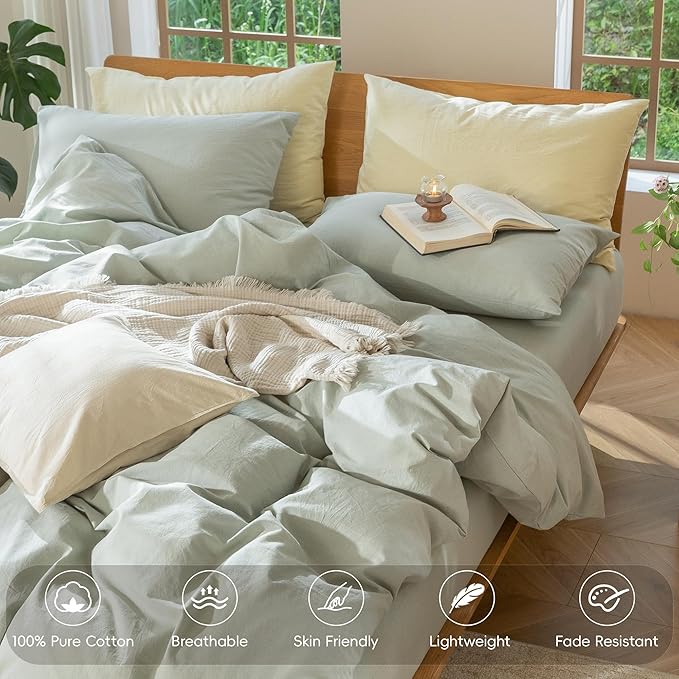 MooMee Bedding Duvet Cover Set 100% Washed Cotton Linen Like Textured Breathable Durable Soft Comfy (Heathered Sage Green, Queen 90"x90")