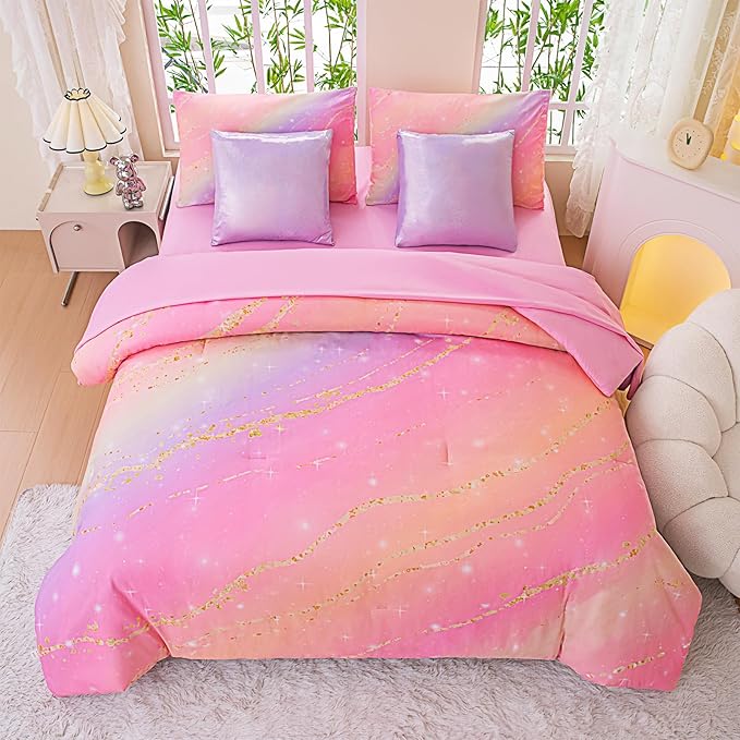 Rainbow Bedding Set Twin Size – 7 Piece Reversible Girls Comforter with Deep-Pocket Sheet, Gradient Galaxy Design, Whole-Piece Filling, Machine Washable Bed-in-a-Bag for Kids Room Makeover & Gifts