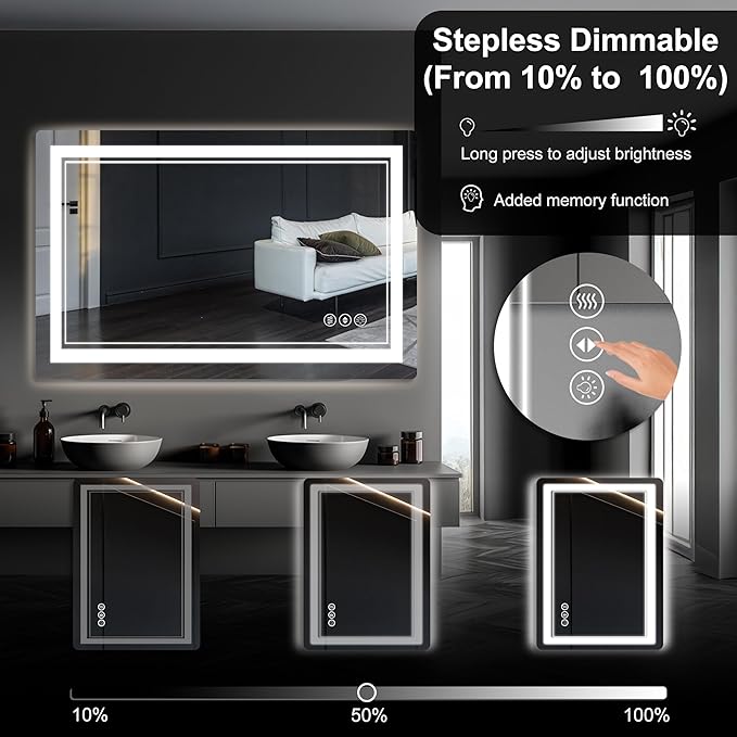 55"x 30" LED Bathroom Mirror with Front and Backlight, Bathroom Vanity Mirror with 3 Color Adjustable, Stepless Dimmable Light, Anti-Fog, Memory Function, Vanity Mirror for Wall(Horizontal/Vertical).