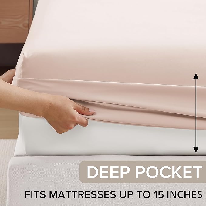 UGG Split King Sheet Set 5-Piece Luxury Cooling Sheets Deep Pockets Premium Bedding with 2 Shams Hypoallergenic Machine Washable Soft Lightweight Set for Adjustable Bed, Split King, Shell Pink (Hedi)