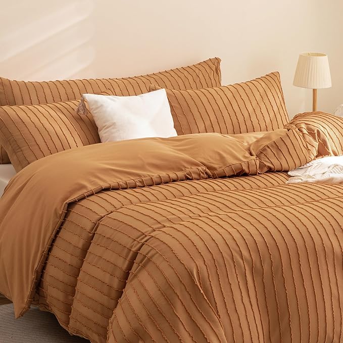JELLYMONI Duvet Cover Twin Size Rust - 3PCS Boho Striped Duvet Cover Set Polyester Tufted Bohemian Textured Comforter Cover 68×90in with Corner Ties & Zipper and 2 Pillowcases