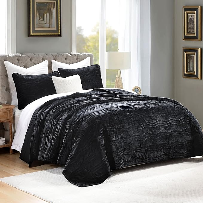 Luxury Velvet Queen Comforter Set, Black Queen Size Comforter Sets, Black Queen Quilt Bedding Set, Luxurious Plush Bedspreaqd Sets, Soft Lightweight Quilts Queen Size for All Season