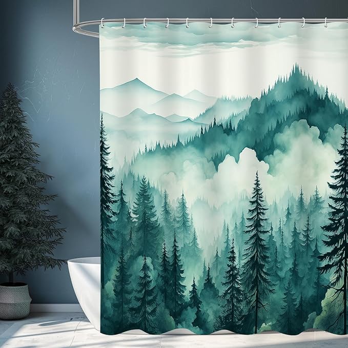Teal Blue Long Misty Pine Forest Shower Curtain 72 x 78, Mountain Foggy Woodland Scenery Tree 78 Inch Long Shower Curtains for Bathroom, Turquoise Abstract Waterproof Nature-Themed Decor