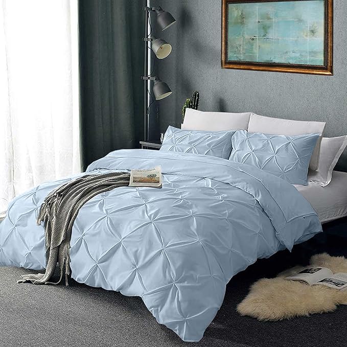 Pinch Pleated Duvet Cover Set 100% Cotton 3PC Super King Size 98x108 Duvet Cover Set, Decorative Pinch Design Sky Blue Duvet Cover with Matching Pillow Case