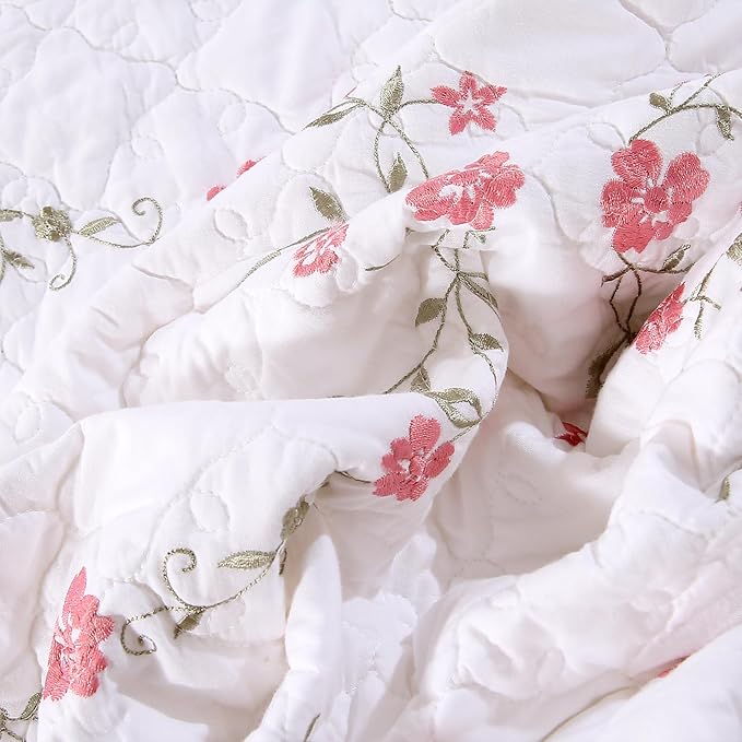 Quilt Set Circular Floral 3D Embroidery Pattern 3 PCS 100% Cotton Reversible Quilted Embroidered Decorative Bedspreads Coverlet Set, Lightweight &Soft Full Size White Bedding Coverlet for All Season