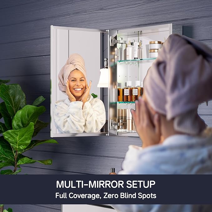 Medicine Cabinet 16" x 24", Bathroom Medicine Cabinet with Mirror, Recessed Medicine Cabinets with Adjustable Shelves, Soft-Closing Door, and Aluminum Alloy Frame - Reverse Installation, Silver
