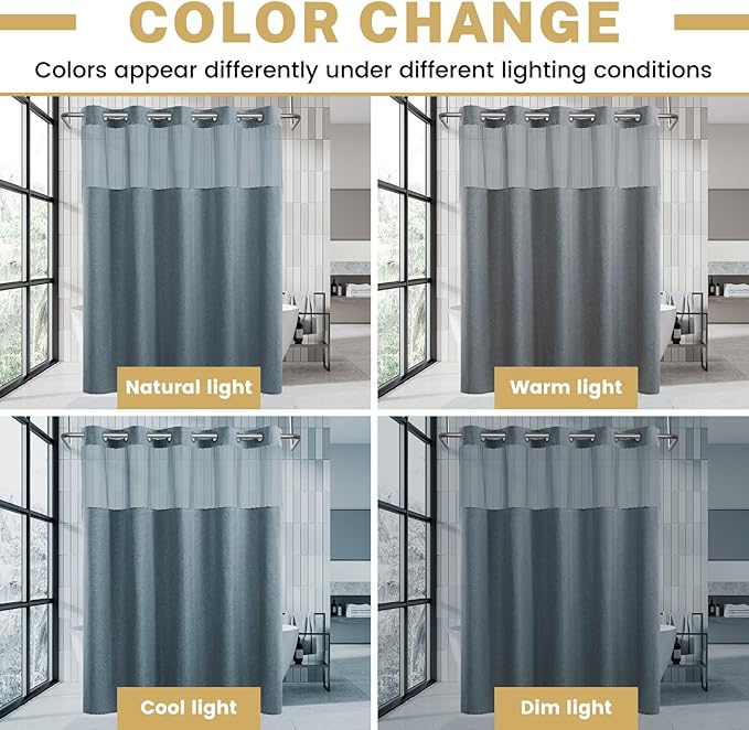 Small No Hook Shower Curtain with Snap in Liner, Polyester Textured Shower Curtain with Liner Set, Waterproof Washable Hotel Style Shower Curtains for Bathroom, 54Wx80H, Blue Grey