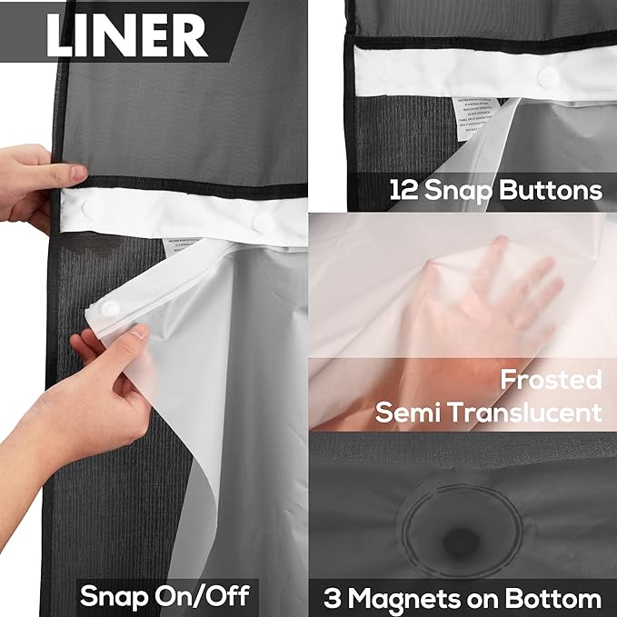River Dream Long No Hook Slub Textured Shower Curtain with Snap-in PEVA Liner Set - 71" x 77"(75"), Hotel Style with See Through Top Window, Black Fabric Curtain & Waterproof Liner, Black, 71x77