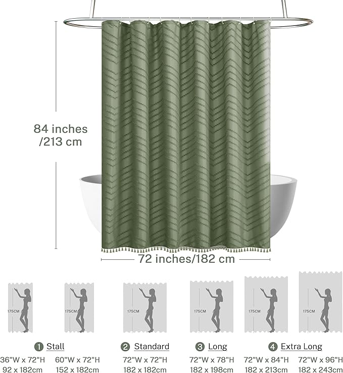 Extra Long Sage Green Boho Shower Curtain with Tassel, Woven Fabric 84 in Shower Curtain, Tufted Chevron Striped, 72 x 84, Modern Chic Textured Minimalist Bathroom Shower