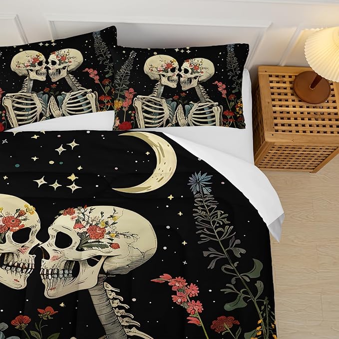 Black Gothic Skull Flower Full Comforter Set，Quilt Full Size Bedding Set Gothic，with 1 Comforter with 2 Pillow Case，Skull Room Decor for Bedroom