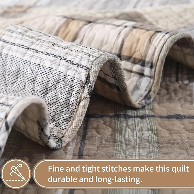 KALOOLA 100% Cotton Quilts Queen Size, Farmhouse Brown Plaid Queen Quilted Bedding Set 3 Pieces, Rustic Lightweight Bedspread Coverlet with 2 Pillowshams for All Season