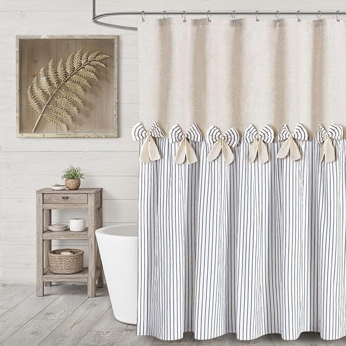 Farmhouse Shower Curtain Linen Bow Woven Fabric Country Rustic Western, Pleated Blue Stripe 72" W x 72" L