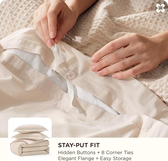 Bedsure Cotton Duvet Cover King - 100% Cotton Waffle Weave Beige Duvet Cover King Size, GentleSoft™ and Breathable Bedding Set for All Season, 3 Pieces, 104"x90"