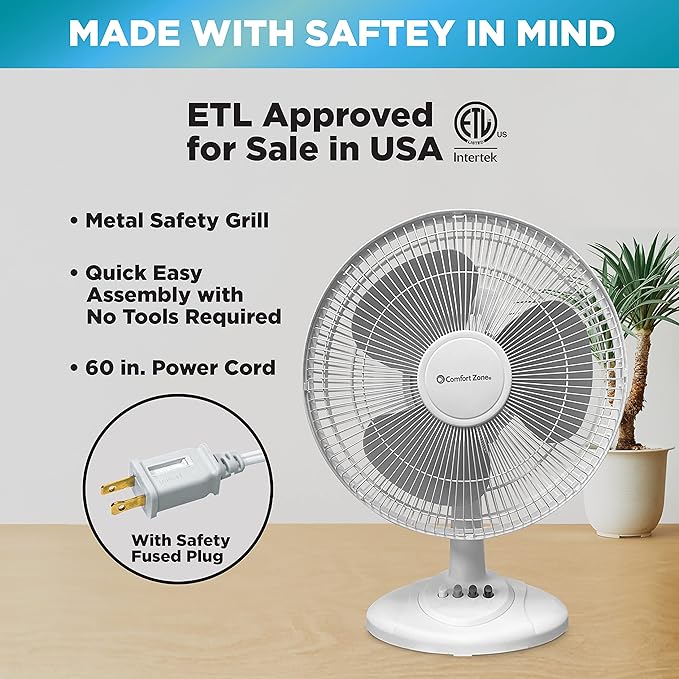 Comfort Zone 12 inch Table Fan with Adjustable Tilt, Wide Area Oscillation, Quiet Air Circulator Fan For Bedroom, 3 Speed Desktop Fan for Home Office, Push Button Controls, White