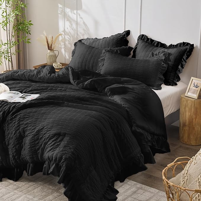 JOLLYVOGUE Black Queen Comforter Set, 3 Pieces Seersucker Comforters Queen Size, Lightweight & Fluffy Bedding Sets Queen for All Season with 1 Ruffle Comforter and 2 Ruffle Pillowshams