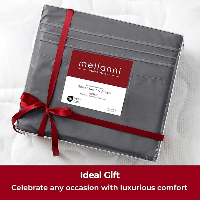 Mellanni Extra Deep Queen Sheets - 4 PC Iconic Collection Bedding - Hotel Luxury, Ultra Soft, Cooling Bed Sheets - Wrinkle, Fade, Stain Resistant (Queen, Gray)