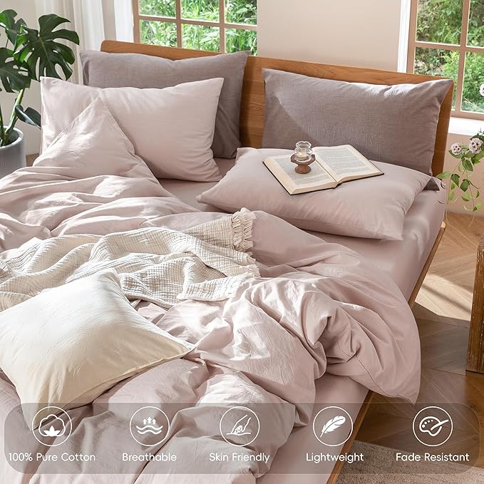 MooMee Bedding Duvet Cover Set 100% Washed Cotton Linen Like Textured Breathable Durable Soft Comfy (Heathered Greyish Pink, Queen 90"x90")