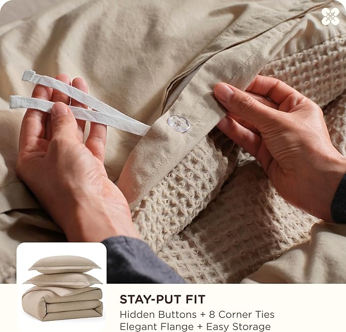Bedsure Cotton Duvet Cover Set - 100% Cotton Waffle Weave Khaki Duvet Cover Oversized Queen Size, GentleSoft™ and Breathable Bedding Set for All Season, 3 Pieces, 98"x98"
