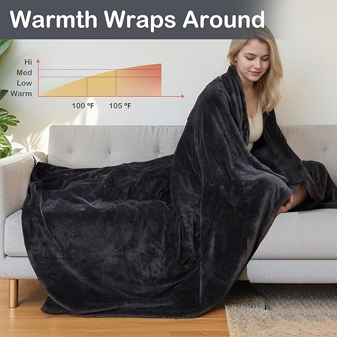 Electric Heated Blanket Full Size 72"x84", Soft Large Big Oversized Warm, 4 Heating Levels & 10 Hours Auto Off, Cozy for Bed, Sofa & Office, Machine Washable, Black