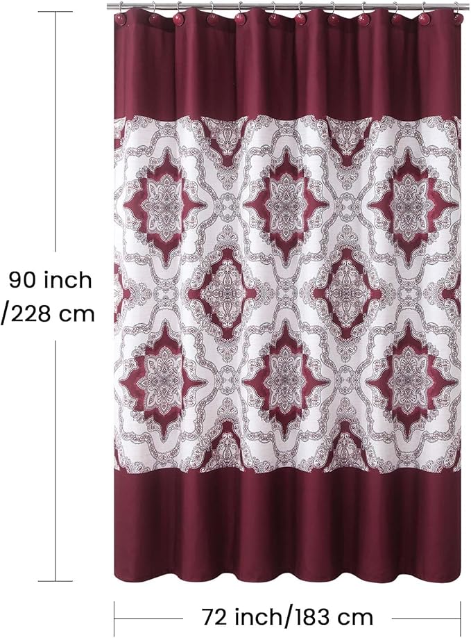Extra Long Burgundy Shower Curtain 90 Inches, Water Repellent Fabric with Medallion Pattern, 12 Metal Grommets & Weighted Hem