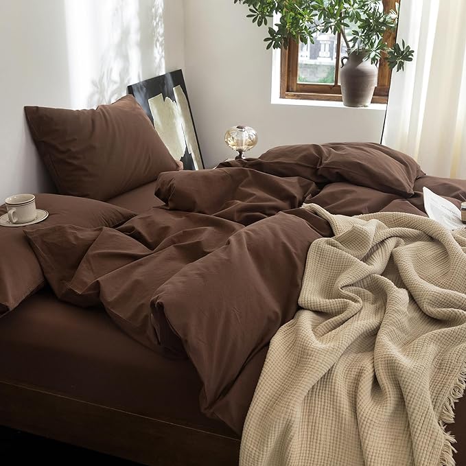FOSSA Duvet Cover Set 100% Washed Cotton Linen Feel Super Soft Breathable Cozy 3 Pieces Bedding Sets Solid Cocoa Brown Super Queen
