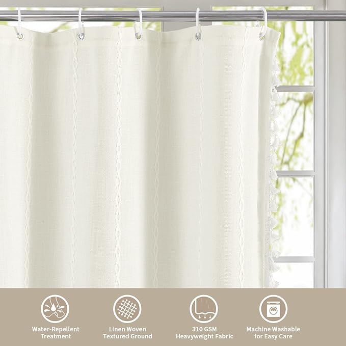 MitoVilla Boho Farmhouse Fabric Shower Curtain Set, Ivory Polyester Linen Shower Curtains for Vintage Rustic Bathroom Decor, Modern Neutral Wrinkle Resistant Cloth Shower Curtain, 72 x 72