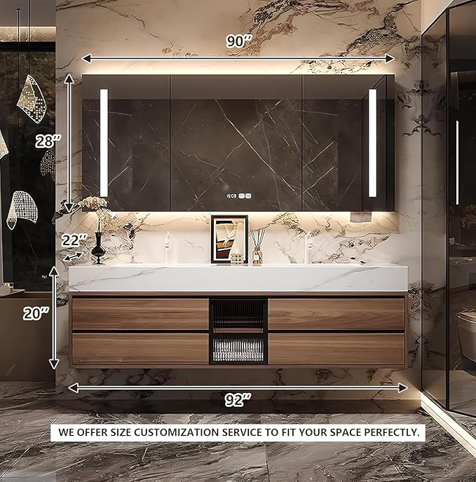 92IN Bathroom Vanity with Double Sink, Modern Bathroom Vanity with LED Smart Defog Mirror Cabinet & Integrated Ceramic Sink, Floating Vanities with Drawers and Glass Cabinet Door (Walnut)