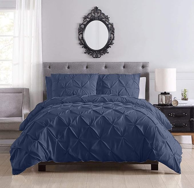 Pinch Pleated Duvet Cover Set 100% Cotton 3PC King Size 94x104 Duvet Cover Set, Decorative Pinch Design Navy Blue Duvet Cover with Matching Pillow Case