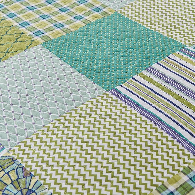 Cmfshape Quilt Sets Bedspread Set 100% Cotton Green Plaid Patchwork Bedding Set, All Season Use Lightweight Reversible Coverlet Quilts with 2 Pillow Shams(Queen 90"x96")