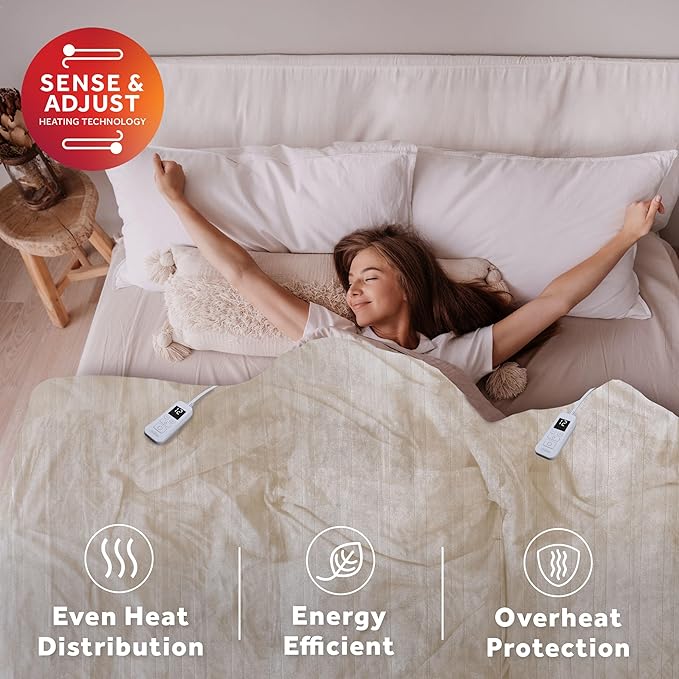 Sunbeam Royal Posh Velvet Heated Electric Blanket Queen Size, 90" x 84", 12 Heat Settings, 12-Hour Selectable Auto Shut-Off, Fast Heating, Machine Washable, Warm and Cozy, Champagne
