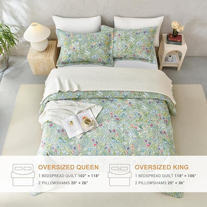 Lady Ann 100% Cotton Floral Cal King Quilt Set - Green Flower Bird Butterfly Pattern Print Quilted 118x106 Bedspread & Coverlet Set, 3 PCS Lightweight Extra Soft Queen Bedding Sets All Season